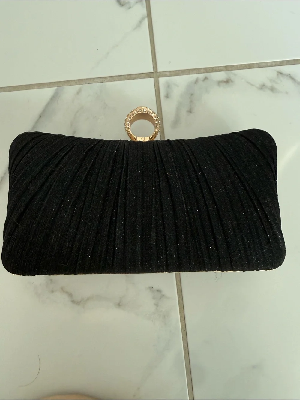Amazon Black Pleated Evening Clutch with Jeweled Ring